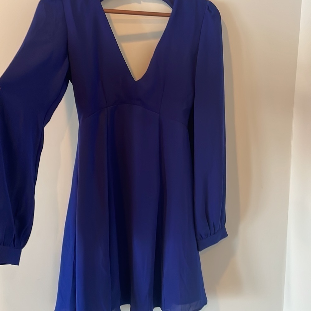 Lulu's Deep-v Backless Flare Mini Dress Longsleeve - Picture 2 of 12